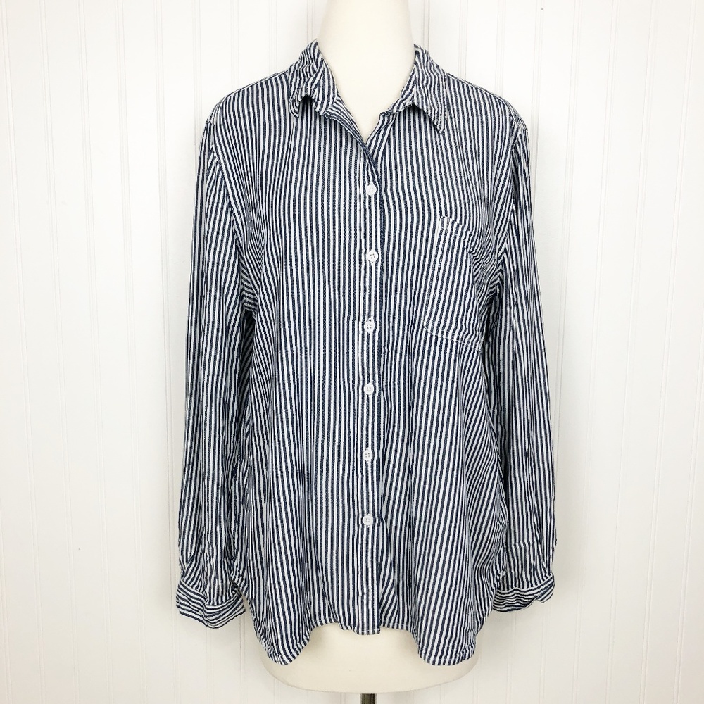 Beach Lunch Lounge Striped Button Up Shirt Navy XL
